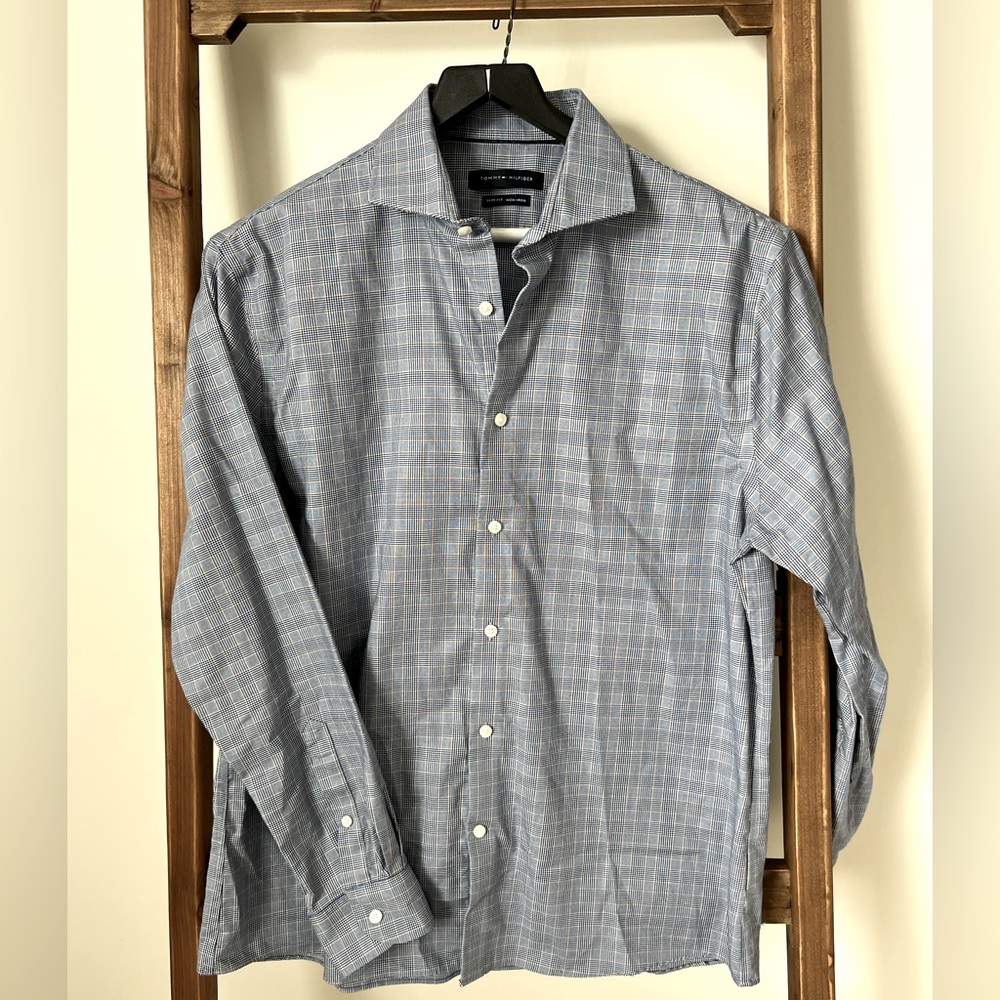 Tommy Hilfiger Mens Blue Plaid Button Up